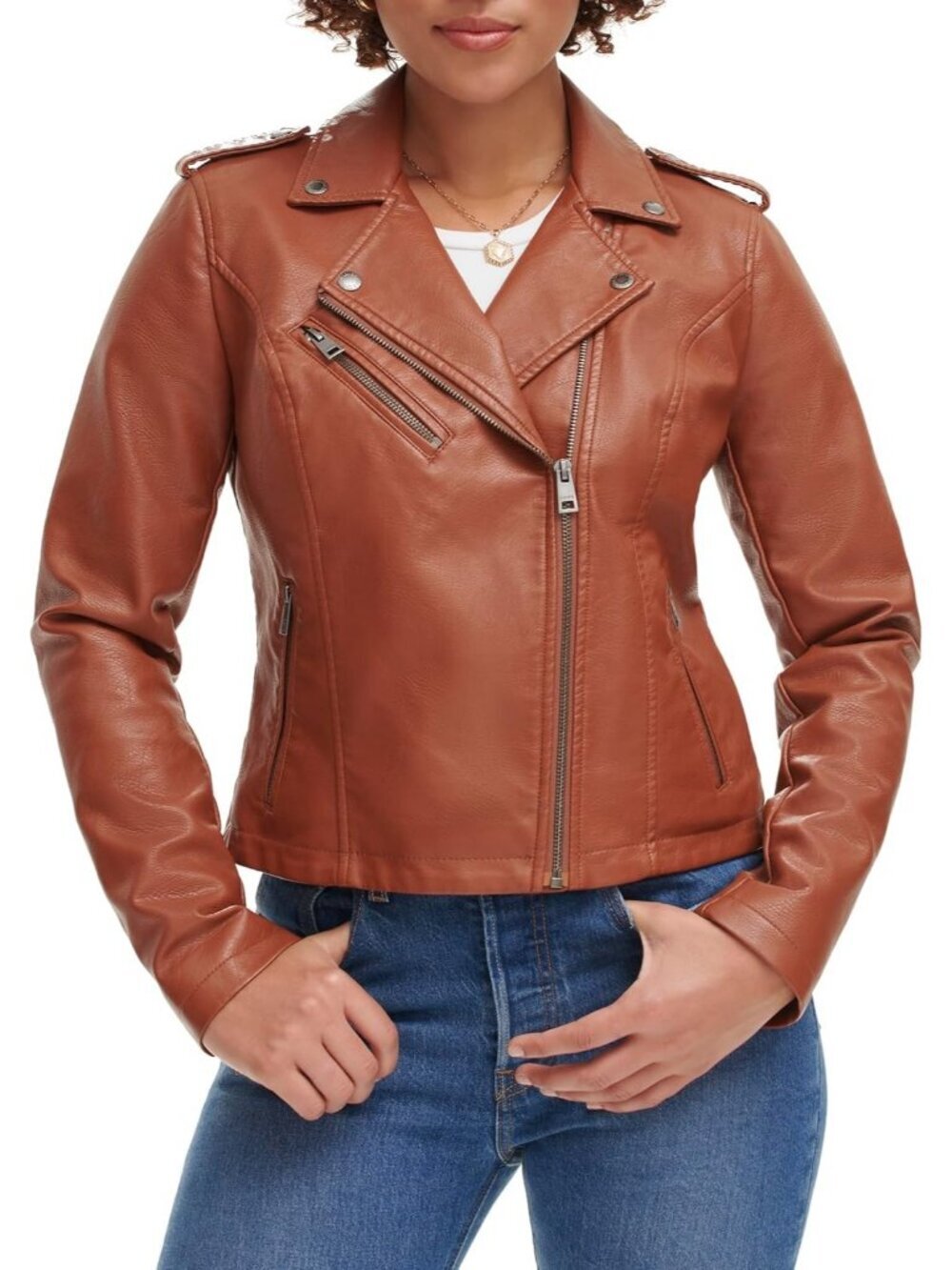 Women's Camel Brown Polyurethane Classic Stylish Moto Faux Leather Jacket